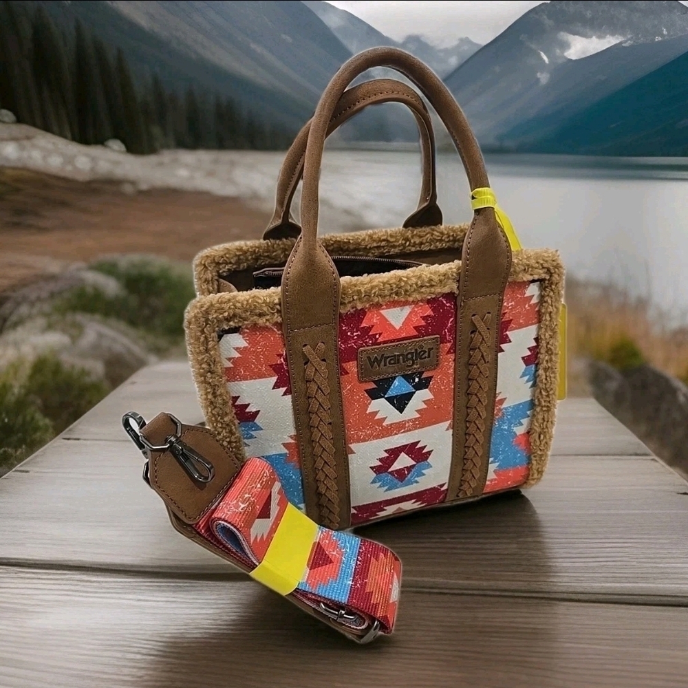 Wrangler Southwestern Aztec Print Canvas Tote Crossbody Bag Sherpa Purse NWT